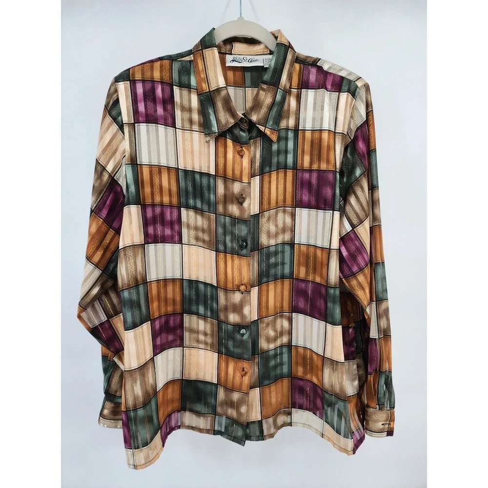 Yves St Clair Vintage Geometric Patchwork Metallic Lurex Button Down Shirt 16